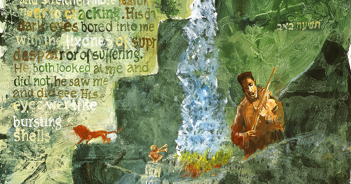 Fragment obrazu w zielonej tonacji z sylwetką skrzypka.